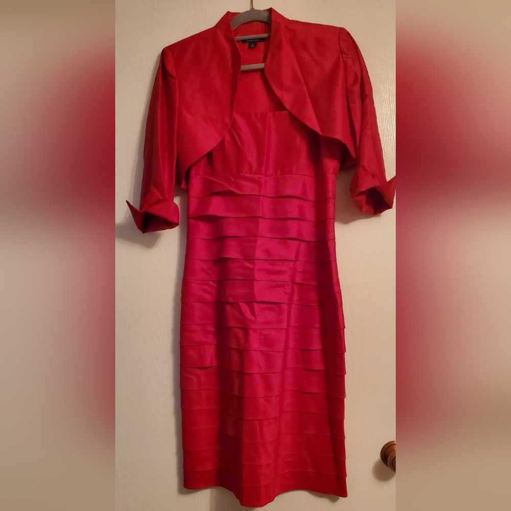 Red spaghetti strap dress with blazer